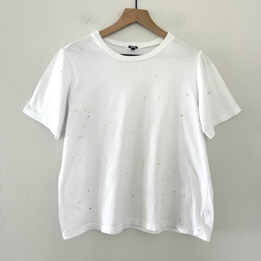 Monrow USA Made 100% Cotton Scoop Neck T-Shirt S White Foil Splatter Glitter Art